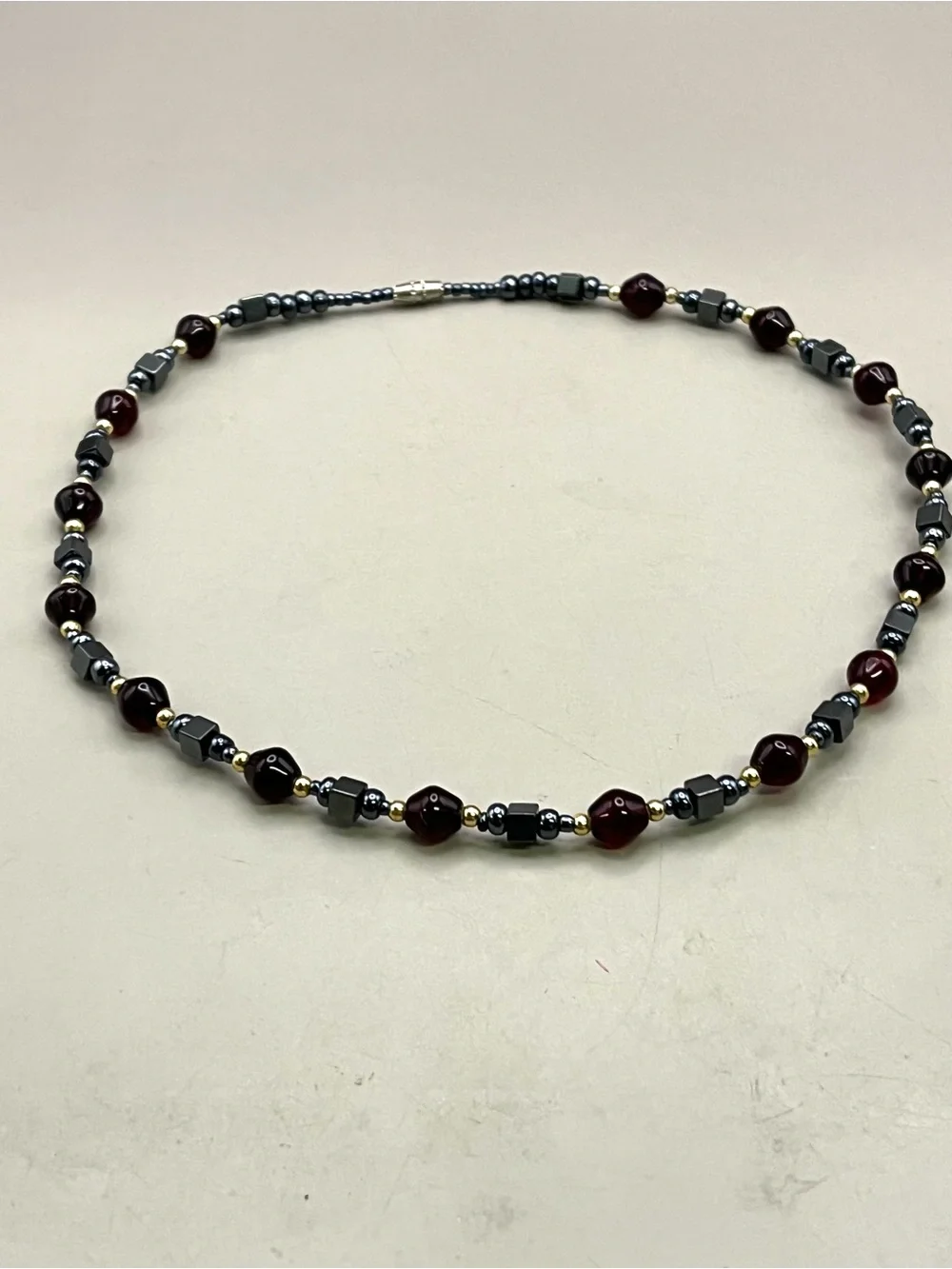 Vintage Hematite GarnetRed Glass Beaded Choker Necklace Gold Accent Barrel Clasp